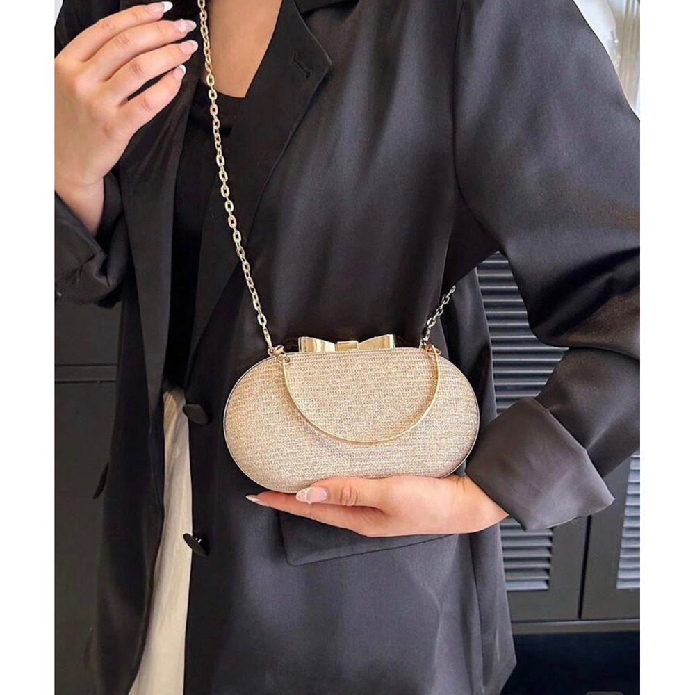 Champagne Gold Glitter‎ Evening Clutch Bag Bow Clasp Minaudiere Crossbody Purse - Picture 2 of 3